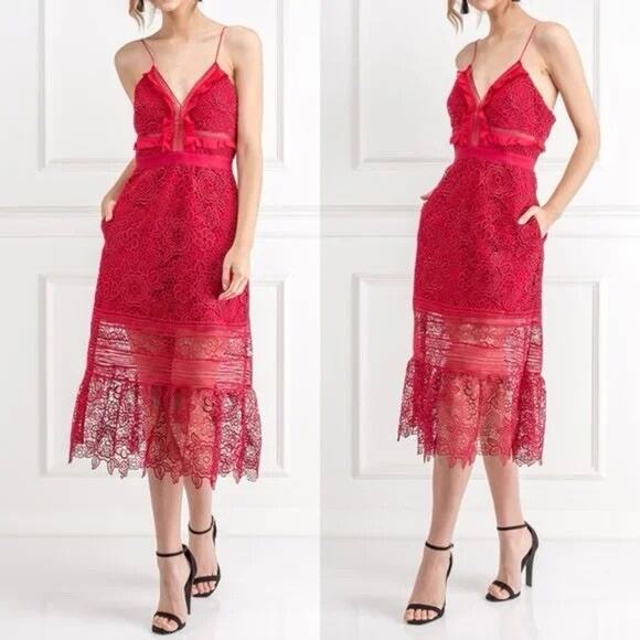 SELF PORTRAIT Floral Blush Lace Guipure Midi Dress in Raspberry Red Size 6 - Picture 1 of 14
